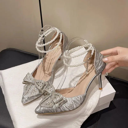 Temperament Bow High Heels Women Summer New Pointed Toe Shallow Mouth Rhinestone Bow Beaded Non-slip Stiletto Sandals
