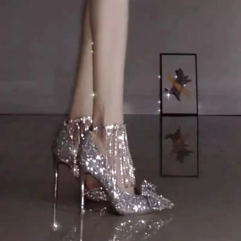 Simple Temperament Woman Shoes 2025 Summer New Pointed Rhinestone High Heels Fashion Versatile Women's Bow Wedding Shoes Zapatos