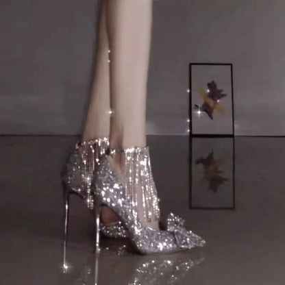 Simple Temperament Woman Shoes 2025 Summer New Pointed Rhinestone High Heels Fashion Versatile Women's Bow Wedding Shoes Zapatos