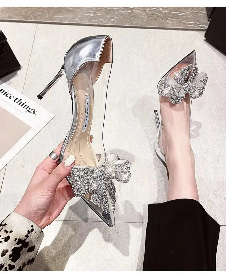 Spring New Pointed Toe High Heel Sexy Transparent Slow Water Diamond  Knot Faion ow Single oes Silver Weddi...