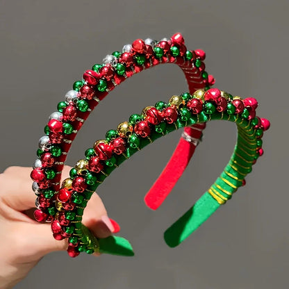 Festive Christmas Headband with Red & Green Beads,Golden Accents & Bell Charms -Wrapped Party Accessory for Holiday Celebrations