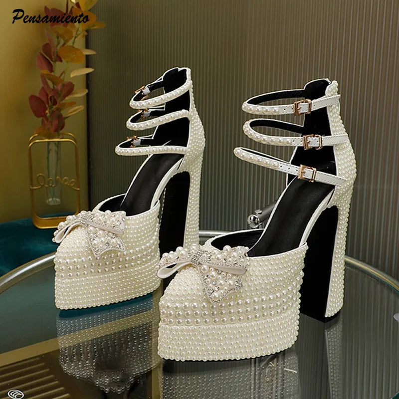 Luxury Handmade Full Pearls Rhinestones Bowknot Women Pumps Fashion Ankle Strap Platform Wedges High heels Banquet Wedding Shoes.