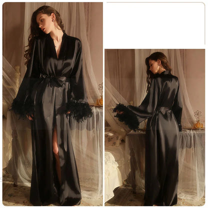 Long Feather Sleeve Bathrobe Sexy Ice Silk Kimono Wedding Bride Dress Women Loose Sleepwear Loungewear Casual Nightgown