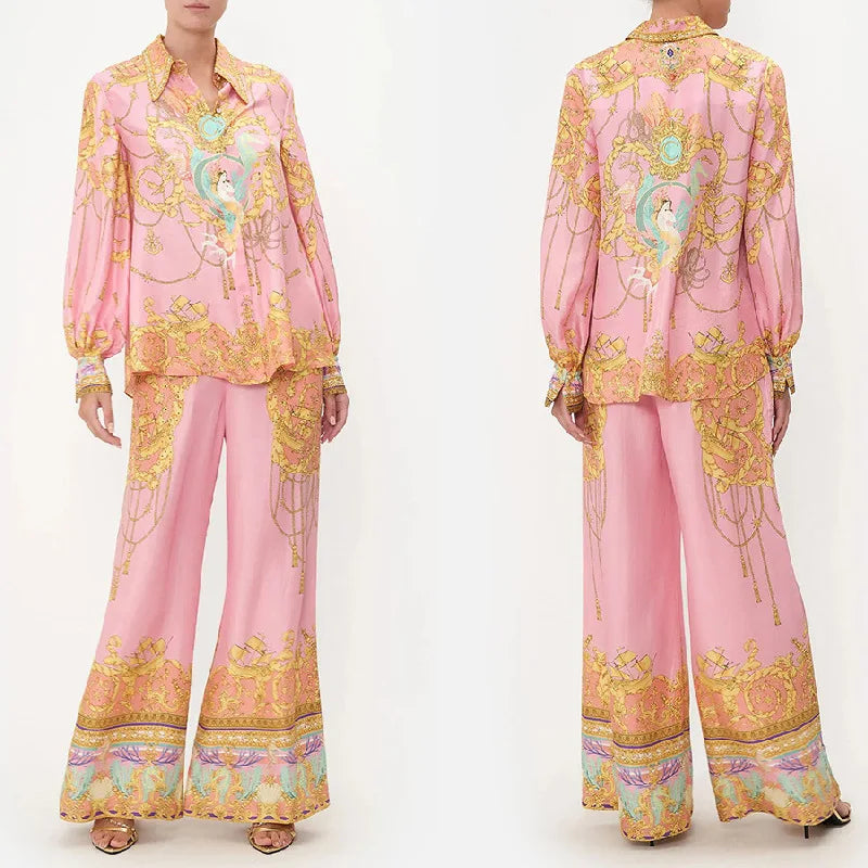 Swimsuit Cover Up Beach Women Dress Summer 2025 Kaftan Saida De Praia New Leisure Vacation Long Sleeved Pink Printed Shirt Pants