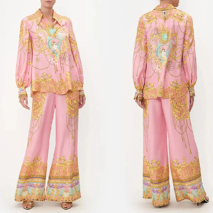 Swimsuit Cover Up Beach Women Dress Summer 2025 Kaftan Saida De Praia New Leisure Vacation Long Sleeved Pink Printed Shirt Pants