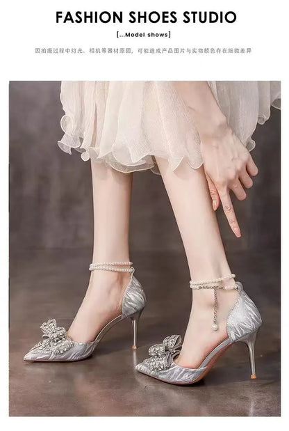 Crystal high-end feel, water diamond bow one-button high heels, women's pointed toe thin heels, silver wedding shoes