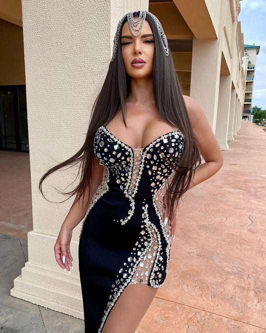 High Quality Diamond Prom Party Bandage Dress Sexy Strapless Sleeveless Maxi Black Luxury Cocktail Runway Dress