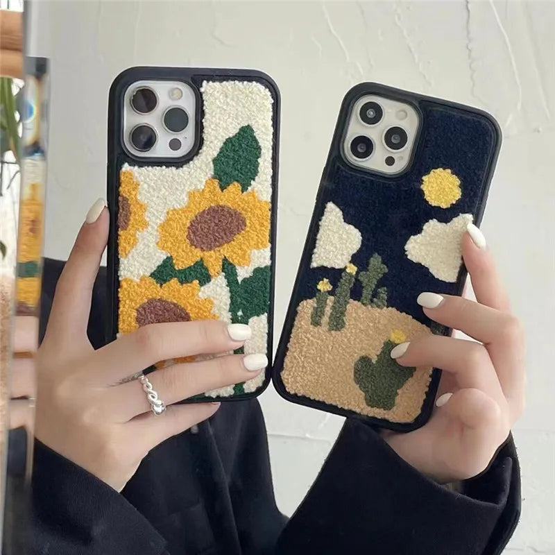 Fuzzy Cactus Embroidery Case for IPhone 16 Pro Max/15 14/13/XS/12/11 Sunflower Plush Shockproof Cover Unique Style for Men Women