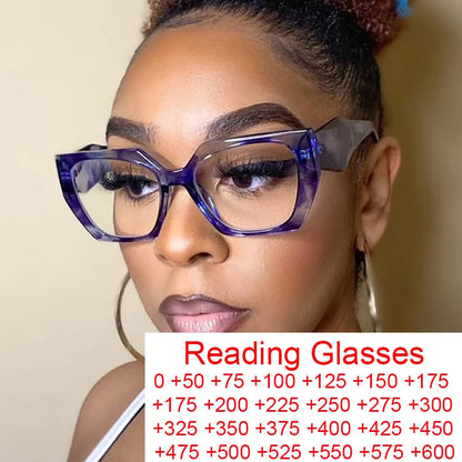 Unique Purple Flower Computer Reading Glasses Women Brand Designer Large Polygon Square Ray Filter Eyeglasses Frames Diopter +3