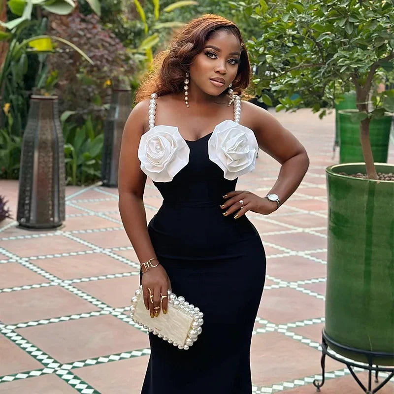 Sexy African Women's Full Dress Evening Gown with Large Flower Embellishment And Sling Strap Mini Skirt Polyester Fiber