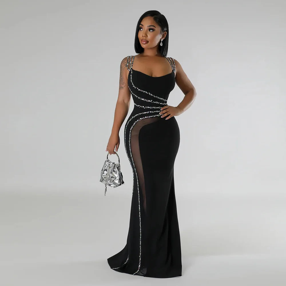CM.YAYA Women Diamond Strapless Sleeveless Bodycon Long Maxi Dress Summer Streetwear Sexy Vestidos Night Party Evening Dresses