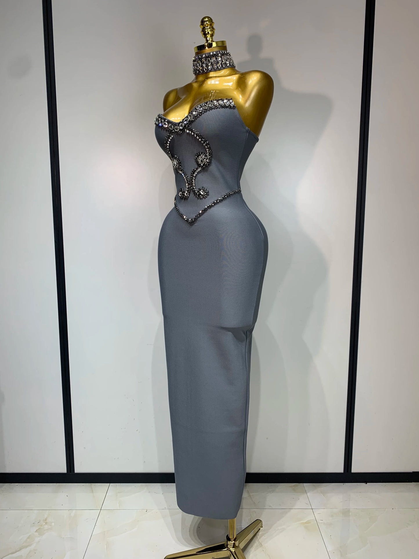 High Quality Strapless Beading With Necklace Bandage Dress  Celebrity Elegant  Evening Party Fancy Club Birthday Dresses