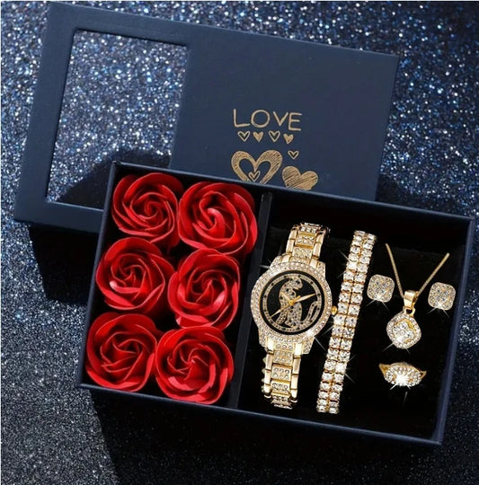 Fashionable and luxurious diamond-studded ladies' watches with five pieces of jewelry for a chic and stylish look.