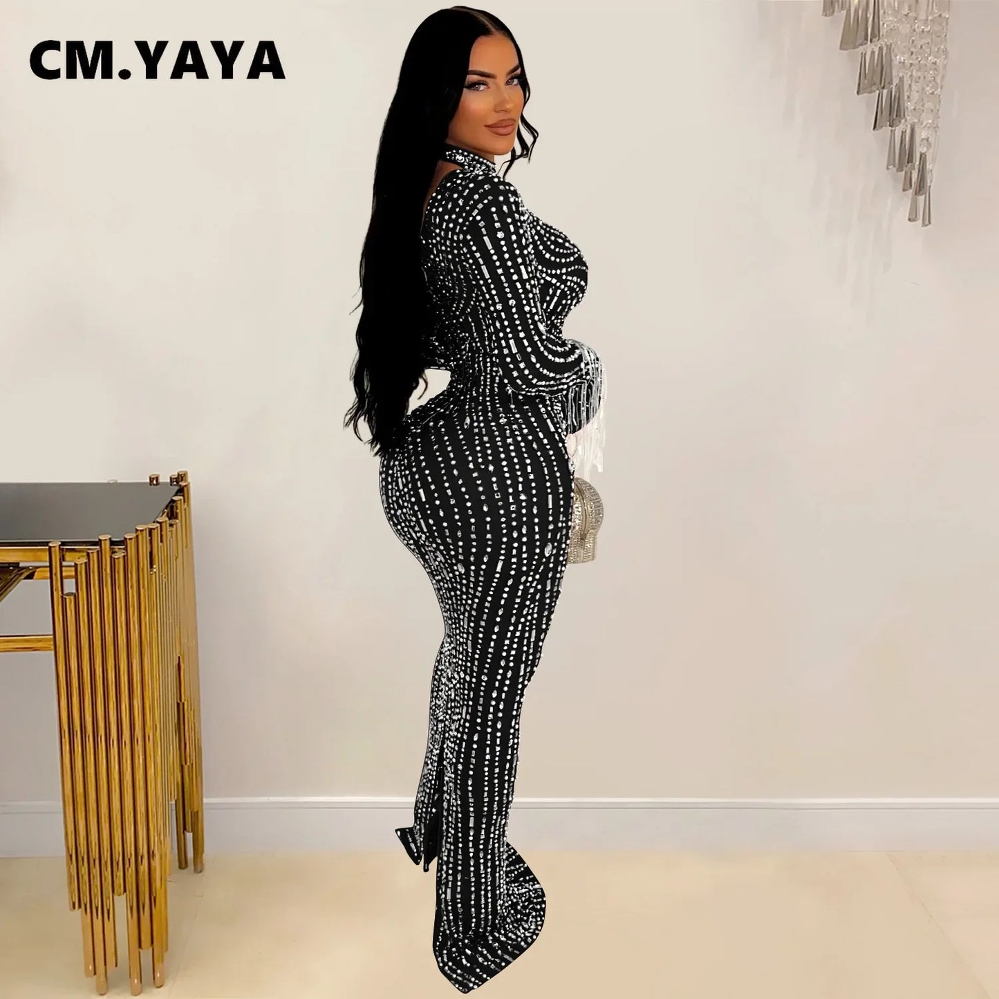 CM.YAYA 2024 Women Long Sleeve Mesh See Through Diamonds Hot Rhinestones Bodycon Dress Woman Maxi Long Evening Birthday Dresses