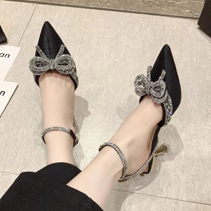 Pointed Toe Women's Sandals Crystal Bow High Heels Shoes 2025 Summer Luxury Mary Jane Shoes Party Pumps Sexy Slides Mujer Zapato