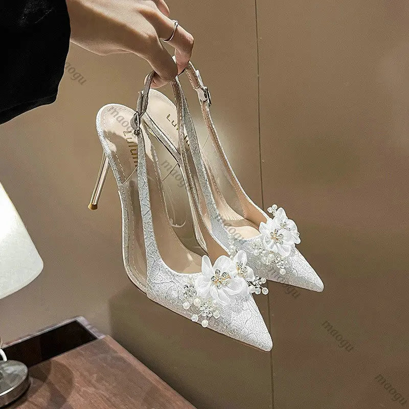 French Bride Gold Wedding Shoes for women Thin Heel Pointed Shallow Mouth Flower Rhinodrill High Heels Bao Head Fashion Sandals