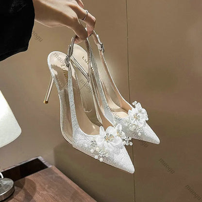 French Bride Gold Wedding Shoes for women Thin Heel Pointed Shallow Mouth Flower Rhinodrill High Heels Bao Head Fashion Sandals