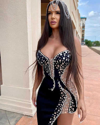 High Quality Diamond Prom Party Bandage Dress Sexy Strapless Sleeveless Maxi Black Luxury Cocktail Runway Dress
