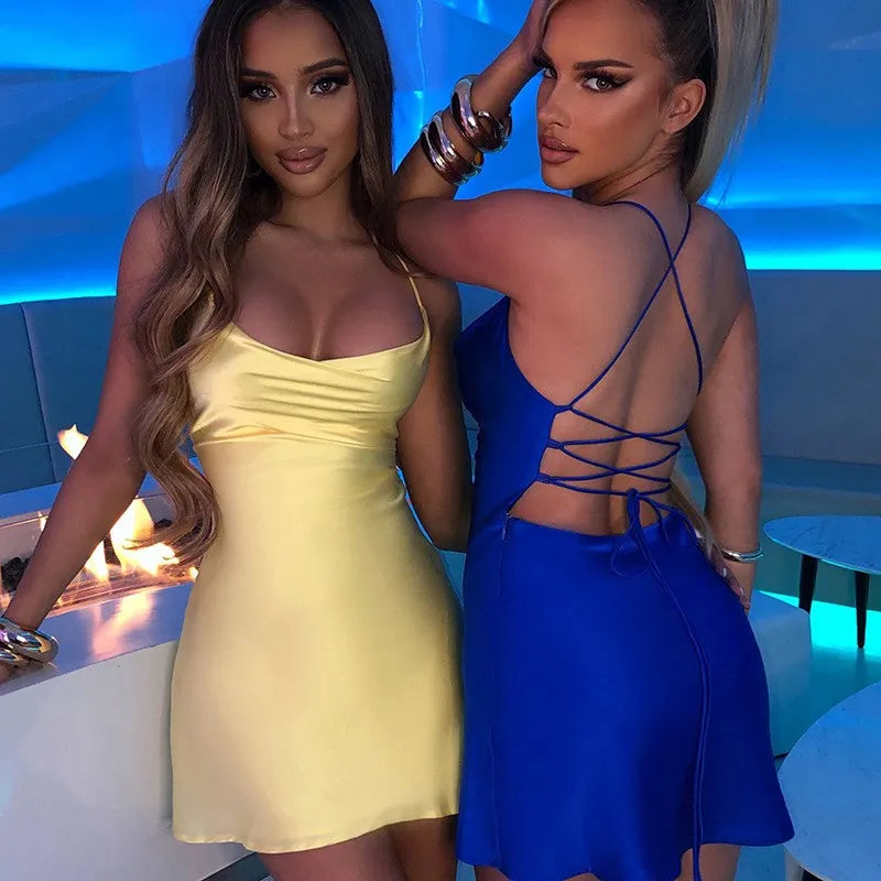 Sexy Hollow Backless Skinny Dresses Women Spaghetti Strap Cross Ribbon Mini Dress Pleated Lace Up Dress Lady Y2K Party Clubwear.