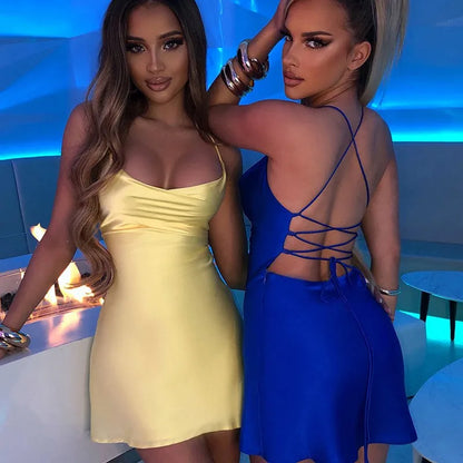 Sexy Hollow Backless Skinny Dresses Women Spaghetti Strap Cross Ribbon Mini Dress Pleated Lace Up Dress Lady Y2K Party Clubwear.