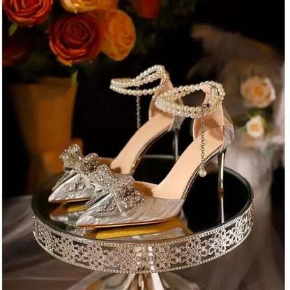 Spring Summer Fashion Pointed Toe Sandals Women's Rhinestone Pearl Butterfly Gold Silver High Heels Party Wedding Heeled Shoes
