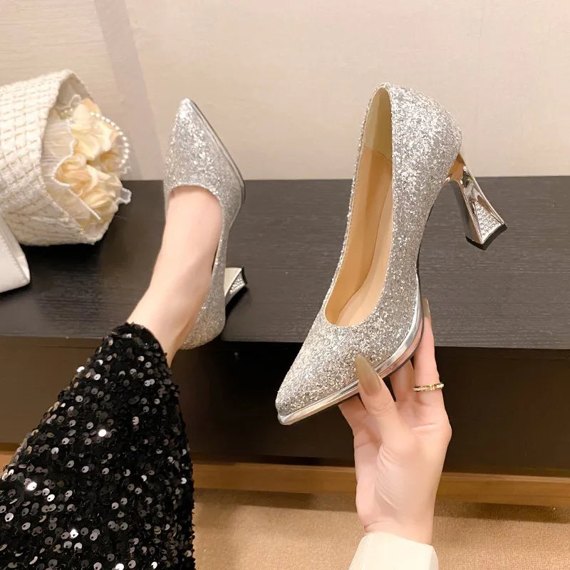 Fashion Sequined Women Pumps 2024New Women's Shoes Pointed Toe Shallow Mouth Shoes Female Comfort Women High Heels spring autumn