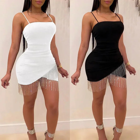 Factory Direct Elegant European Style Strapless Fringed Rhinestone Tank Dress For Women Nightclub Dress Without Straps