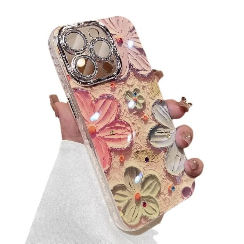 Luxury Flowers Glitter Laser Phone Case For iPhone 16 Pro Max 15 14 Plus 13 12 11 Soft Shockproof Protection Cover Phone Cases