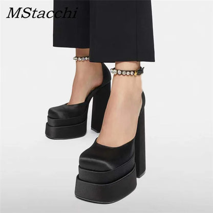Luxury Brand Women High Heesl Sandals Sexy Thick Heel Platform Shoes Square Toe Rhinestone Woman's Pumps Party Wedding Shoes new