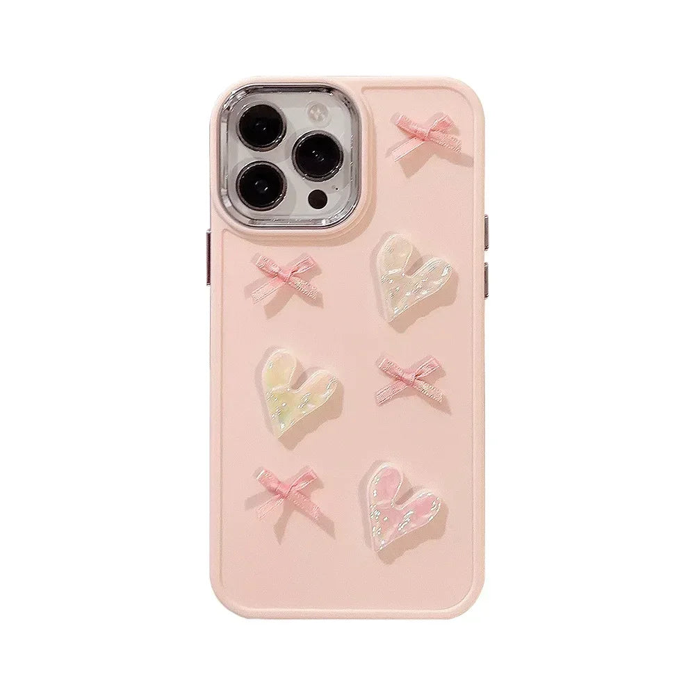 3D Pink Love Heart Bow Phone Case for IPhone17 16 15 14 12 13 11 Pro ProMax Mini Plus X XR Shockproof Phone Cover
