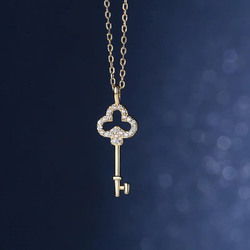 Golden Snowflake Key Pendant Necklace Female Hollow Clover Diamond Set Chain Sweater Chain