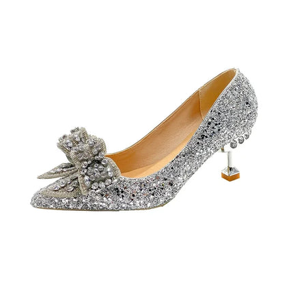 New  Women's Rhinestone Wedding Shoes Year Shoes Luxury Buckle Decorative Banquet Women's Shoes High Heels Gold Silver Red