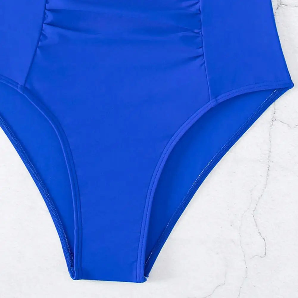 Women One-Piece Swimsuit Summer Quick-Drying Swimwear Deep V-Neck Pleated Solid Color Monokini Beachwear