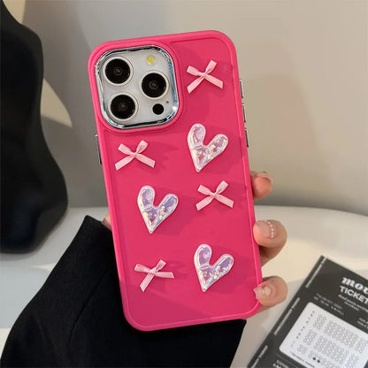 3D Pink Love Heart Bow Phone Case for IPhone17 16 15 14 12 13 11 Pro ProMax Mini Plus X XR Shockproof Phone Cover