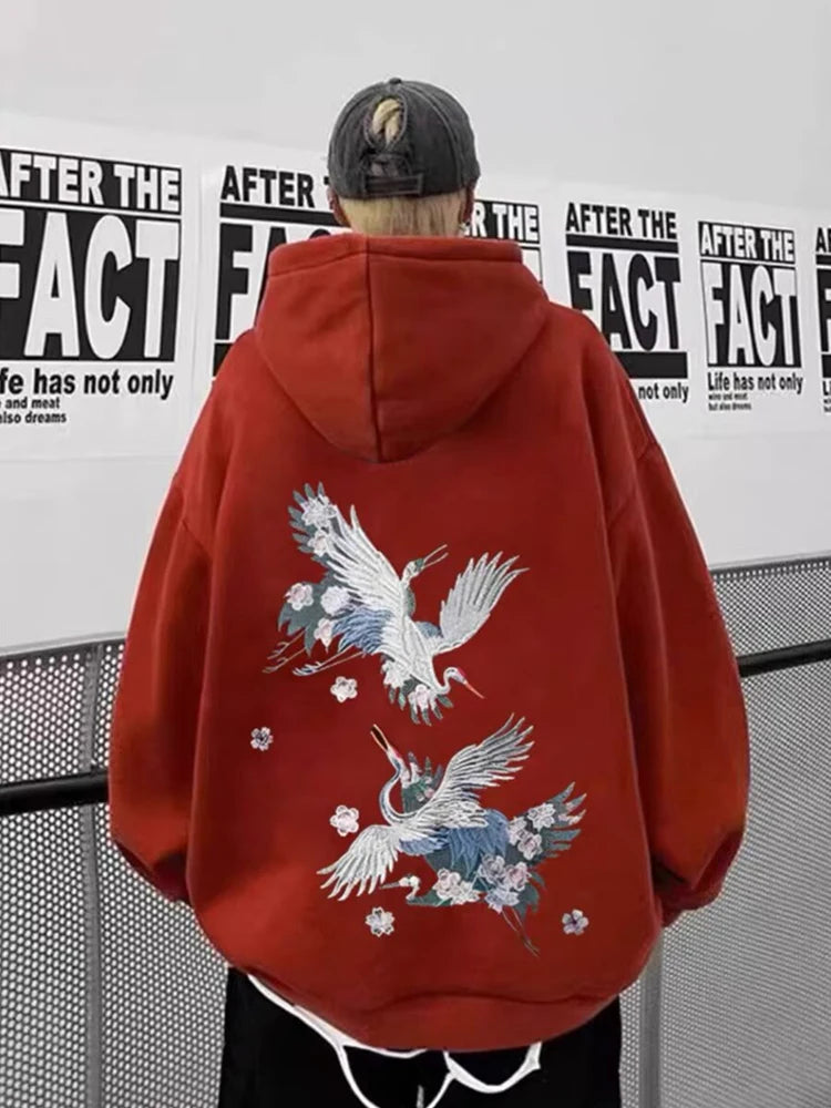 Autumn New Anime Crane Printed Pullover Hoodies For Men Hip Hop Fashion Graphic Hooded Sweatshirts Aesthetic Y2K Hoodie Clothes