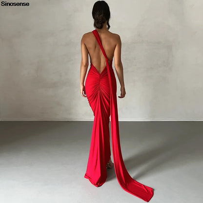 Womens Elegant Evening Party Cocktail Long Dress Sexy Backless Open Back Ruched Slim Bodycon Formal Wedding Guest Maxi Dress