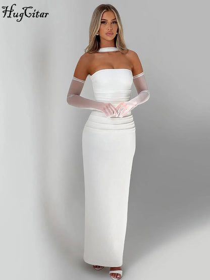 Hugcitar Elegant Scarf Strapless Solid Mesh Gloves Sexy Bodycon Maxi Prom Dress Women Fashion Y2K Outfits Wedding Party Birthday
