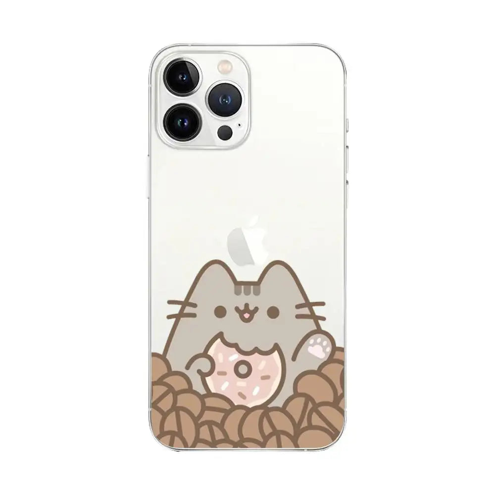 Cute Cartoon Cat P-Pusheens Phone Case Transparent For IPhone 16 15 11 13pro Max 14Plus X Xr Xs Max 12mini - Clear Cover