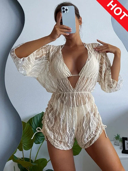 2024 3PCS Lace Hollow Out Bikini For Women Sexy Swimwear Female Pleated Cover Up Swimsuit Beach Wear New Brazilian Bathing Suit