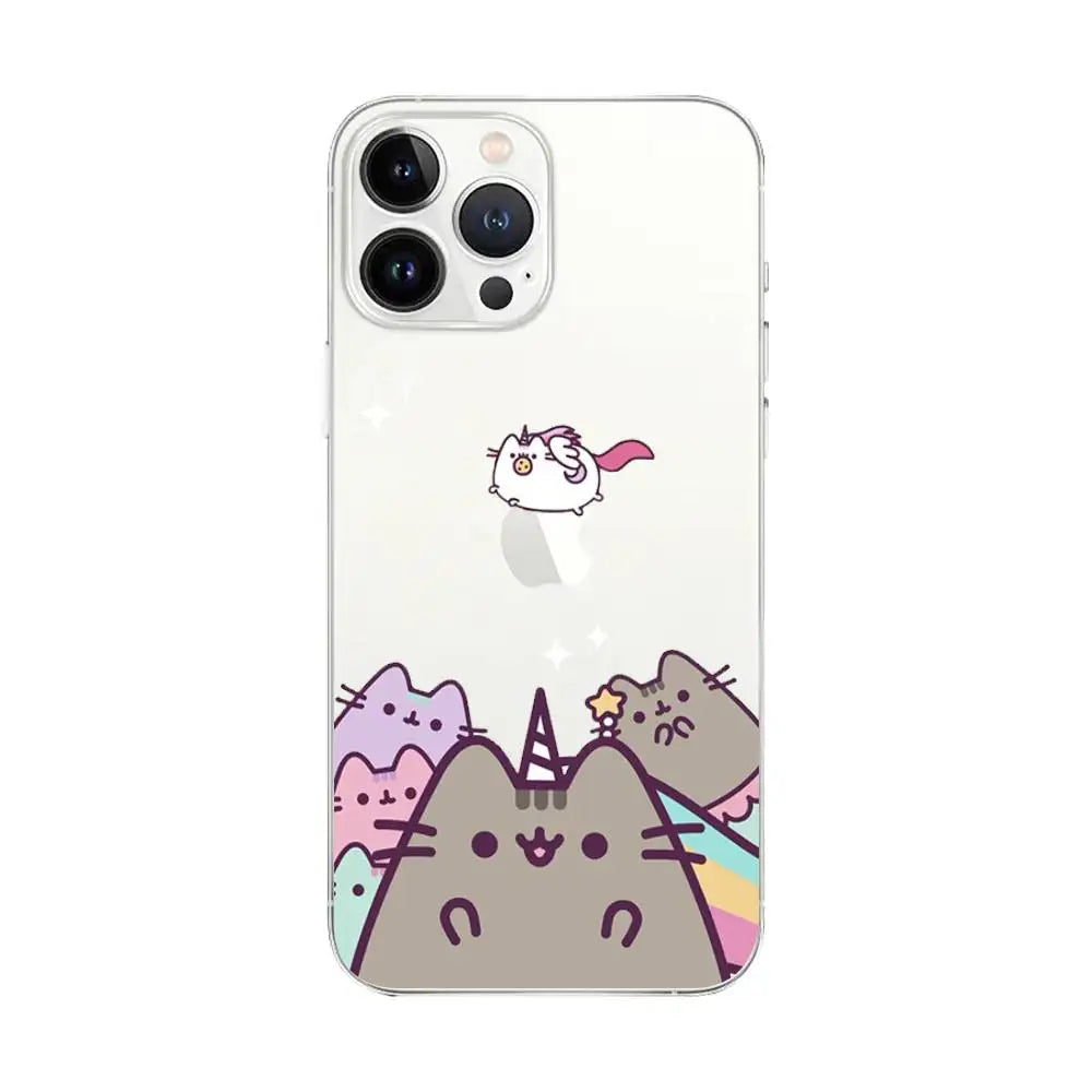 Cute Cartoon Cat P-Pusheens Phone Case Transparent For IPhone 16 15 11 13pro Max 14Plus X Xr Xs Max 12mini - Clear Cover