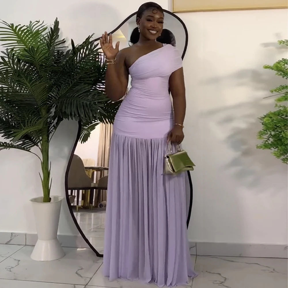 Stylish Evening Sexy Club Party Holiday Maxi Dress for Women Elegant Skew Neck One Sleeve Off Shoulder Mesh Slit Long Dresses