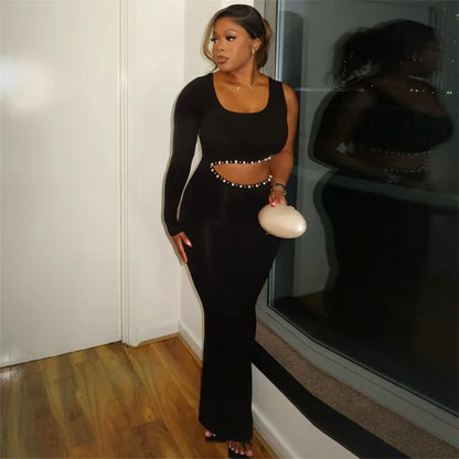 Sexy Hollow Out Black Bodycon Maxi Dress Women Birthday Nightclub Pearls Diamonds One Sleeve Prom Party Long Dresses Vestidos