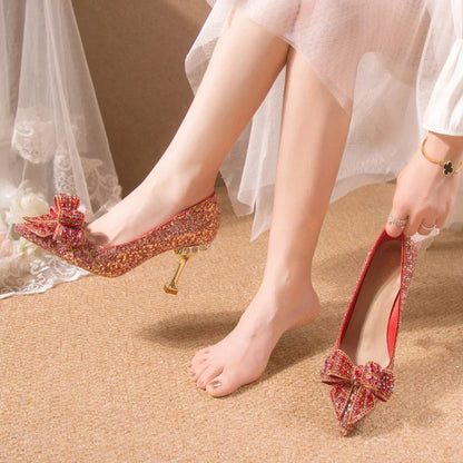 New  Women's Rhinestone Wedding Shoes Year Shoes Luxury Buckle Decorative Banquet Women's Shoes High Heels Gold Silver Red
