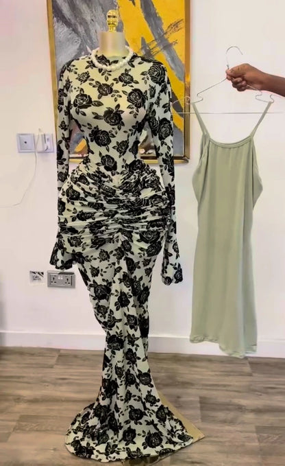 CM.YAYA Women Long Sleeve Stacked Mesh See Though with Lining Bodycon Long Dress 2025 Autumn Evening Birthday Sexy Party Dresses