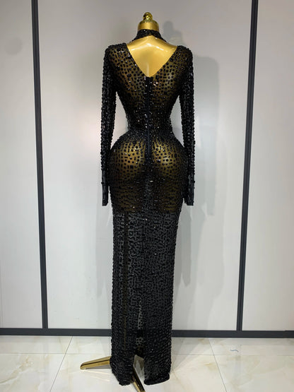 Sparkly Luxury Rhinstones Long Sleeve Elegant Party Dress Women 2025 Performance Stage Outfit Evening Birthday Prom Gown