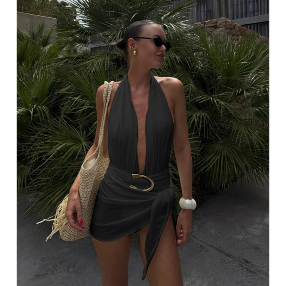 Two Pieces Micro Bikini 2025 Sexy Swimsuit Women Halter Swimwear Biquini Female Solid Bodysuit Bathing Suits Sarong Mini Skirt