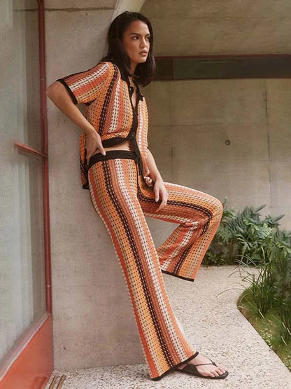Casual Stripe Knitted Shirt Pants Set Women Hallow Out Half Sleeve Lapel Top Straight High Waist Trousers Fashion Beach Set