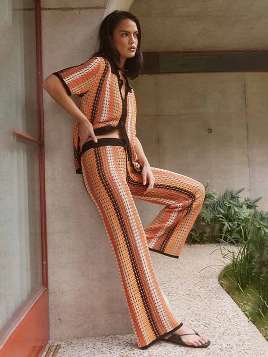 Casual Stripe Knitted Shirt Pants Set Women Hallow Out Half Sleeve Lapel Top Straight High Waist Trousers Fashion Beach Set