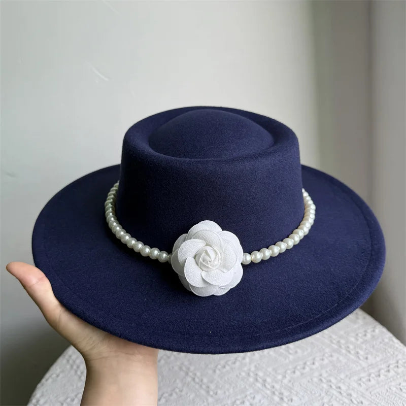 French Black Big Brim Top Hat Women Elegant Retro Style Flat-top Fedora Hat British Pearl Floral Wide Brim Hat Photography