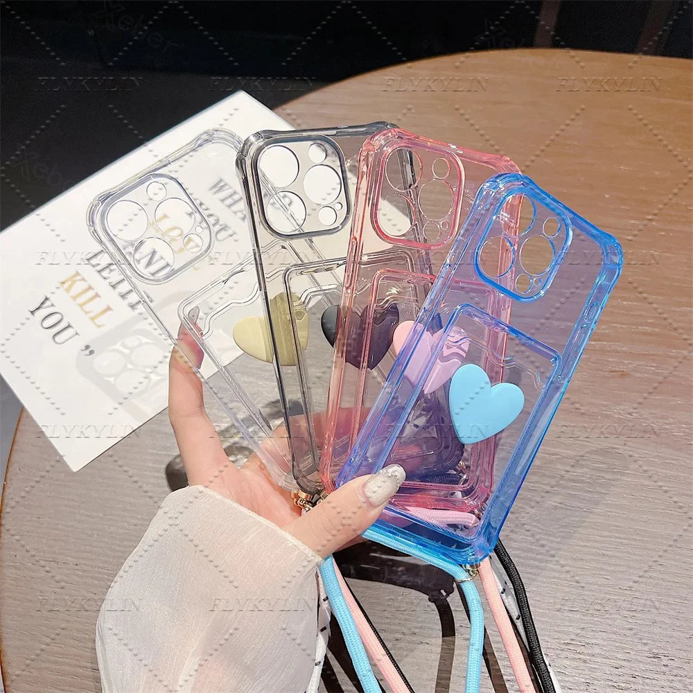 Crossbody Necklace Strap Cord Love Heart Card Holder Wallet Case For POCO X7 X6 X5 Pro X3 Xiaomi 14T 13T 12T 11 Lite Clear Cover